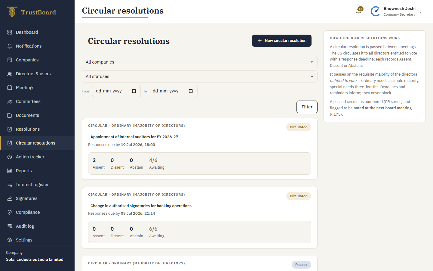 Circular Resolutions — TrustBoard board meeting software