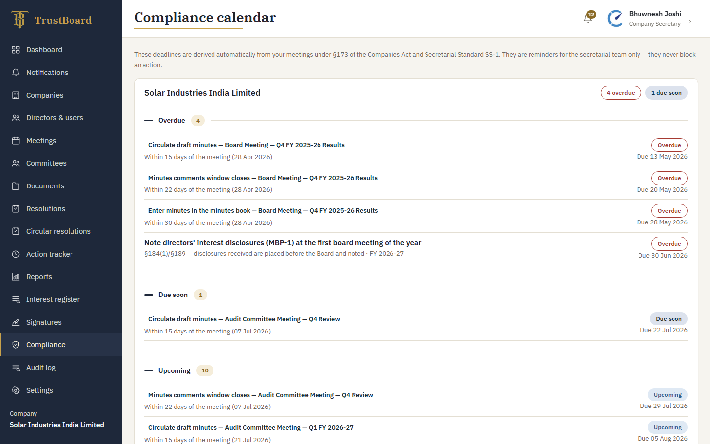 Compliance Calendar — TrustBoard board meeting software