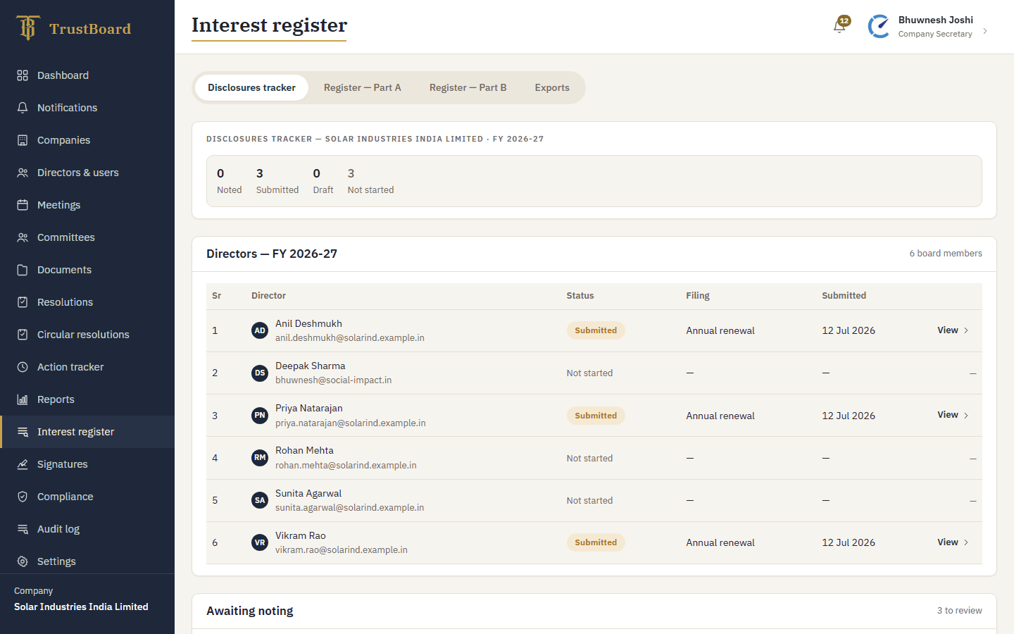 Registers & Disclosures — TrustBoard board meeting software